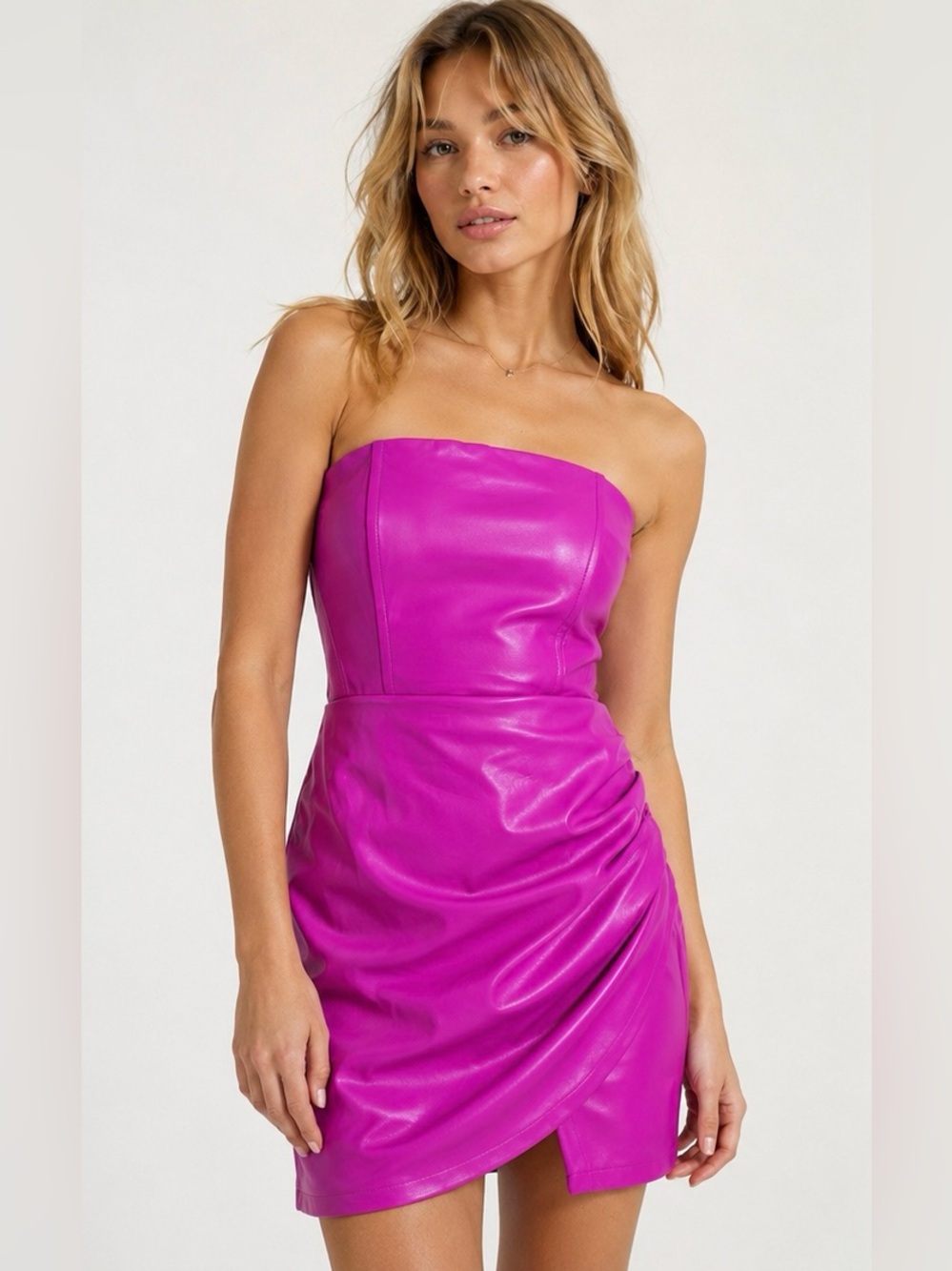 eesome Strapless Faux Leather Mini Dress in Fuchsia Pink Size Medium